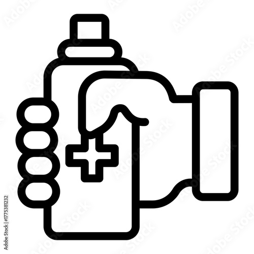 Bottle of antiseptic in hand line icon, medicine concept. Vector graphics. Antiseptic bottle with medical cross sign on white background, style icon mobile or web design.