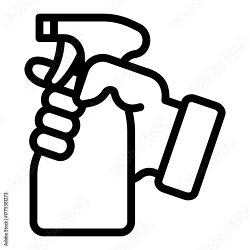 Spray bottle in hand line icon, washing concept. Vector graphics. Hand with antiseptic bottle sign on white background, style icon mobile or web design.