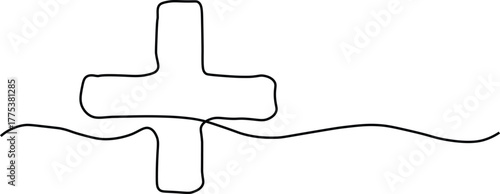 Black line art cross symbol with wavy line religion