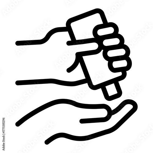 Palm and can of antiseptic line icon, washing hands concept. Vector graphics. Antiseptic jar in hand sign on white background, style icon mobile or web design.