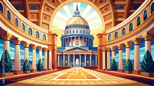 Very beautiful interior view of the Kansas Statehouse Capitol Dome in the Rotunda, Topeka, Kansas, USA, showcasing intricate architectural details, grand columns, and elegant historic design under nat