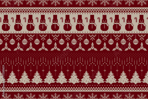 Christmas and New Year.  Christmas seamless ethnic pattern. Christmas ethnic pixel pattern with Nordic flowers, reindeers, pine trees, baubles, bell, present for winter hats, ugly sweaters and jumper.