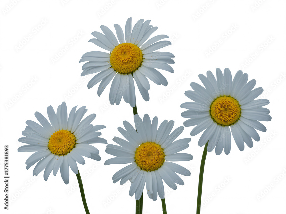 Fototapeta premium Delicate white daisies with bright yellow centers bloom vibrantly against a clean white backdrop, evoking purity and natural beauty for fresh designs.