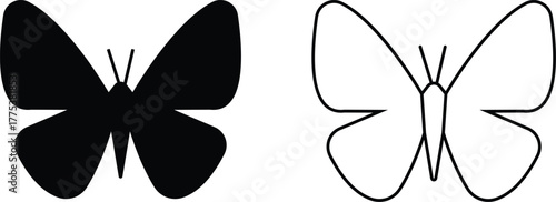 Butterfly icons set, insect collection, black silhouette and outline group, flat and line style vector illustration, flying moth design, decorative butterfly symbol graphic element.