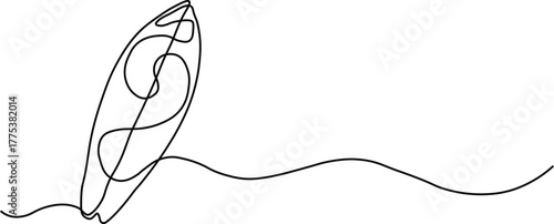 Single line drawing of a surfboard on waves ocean water