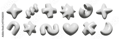 3D figures depicting various whimsical shapes, with a dot noise effect including stars, hearts and waves, create a lively scene.