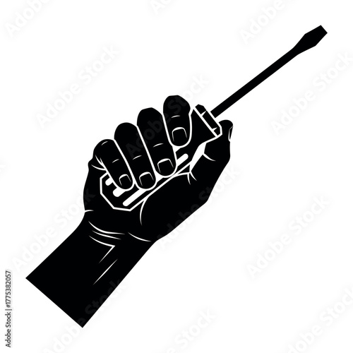 Minimalist black silhouette of a worker s hand gripping a screwdriver tightly isolated on white background