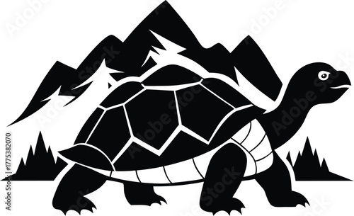 Black Turtle Silhouette with Mountains: Vector Art Illustration