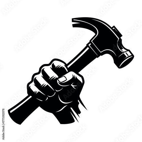 Bold black silhouette illustration of a clenched fist holding a hammer isolated on white background