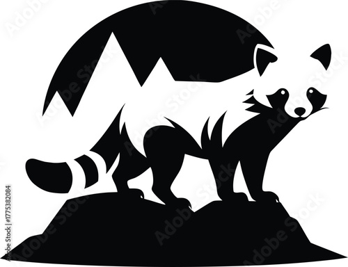 Black and White Red Panda Silhouette on Mountain with Peaks