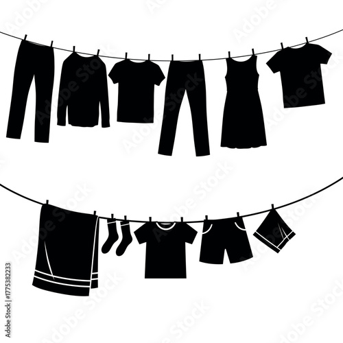 Minimalist black silhouette of a household clothesline isolated on white background