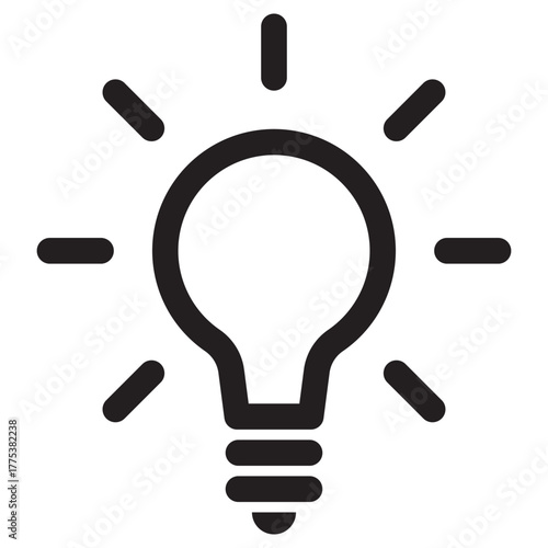 Black stroke light bulb icon with radiating light rays.