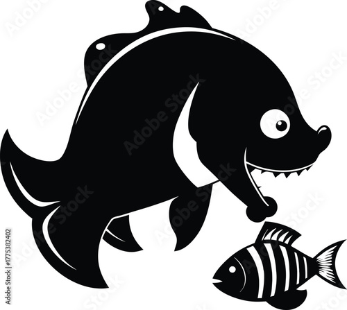 Black Cartoon Piranha Fish with Small Fish Illustration Vector