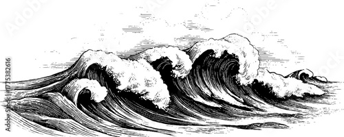 Vintage engraved waves flowing rhythmically in abstract design for art prints