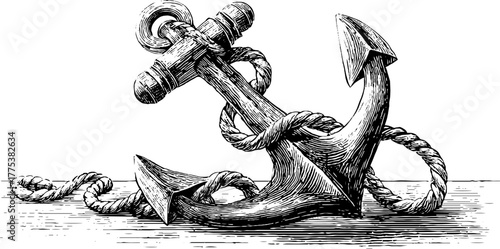Nautical theme anchor and rope design in vintage engraving style for decor and crafts