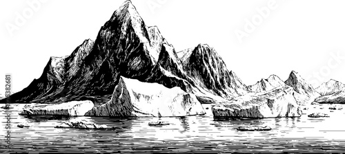 Serene arctic landscape with icebergs and mountains in vintage style engraving for artistic decor