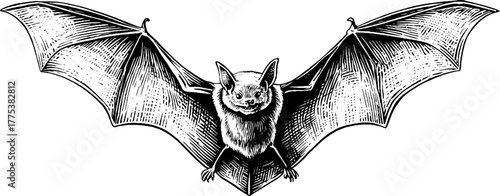 Vintage engraving of bat with open wings in retro style for design
