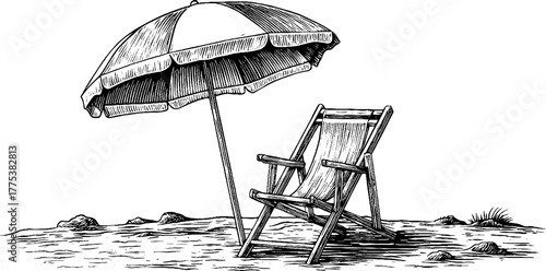 Vintage beach scene with umbrella and folding chair in engraving style for summer design