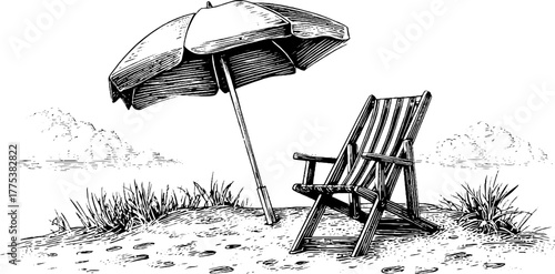 Vintage beach scene with umbrella and folding chair in engraving style