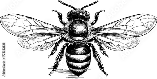 Detailed bee with open wings in vintage engraving style for retro design