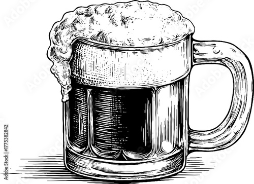 Vintage engraving style beer mug with foam in black and white for retro designs