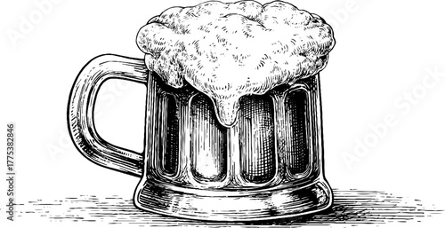 Vintage beer mug with foam in engraving style - black and white design for print or poster