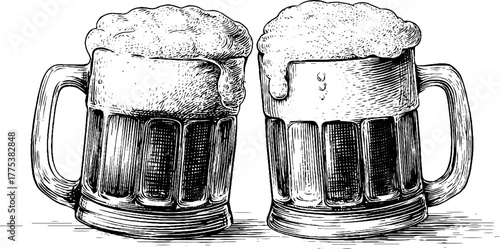 Vintage beer mug with foam in engraving style for pub design and decor