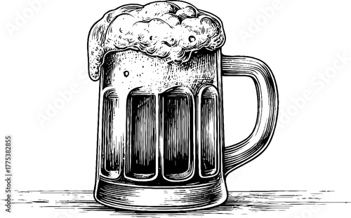 Vintage beer mug with foam in engraving style for retro design