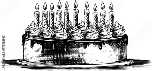 Vintage hand drawn birthday cake with candles in engraving style for celebratory design