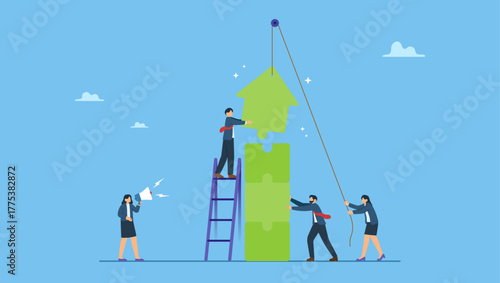 Business people help work together to connect arrow jigsaw puzzle. Teamwork working together to success, cooperation or team building collaborate to solve problem, partnership, help and support.