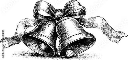 Vintage christmas bells with ribbon - hand drawn engraving silhouette for holiday design