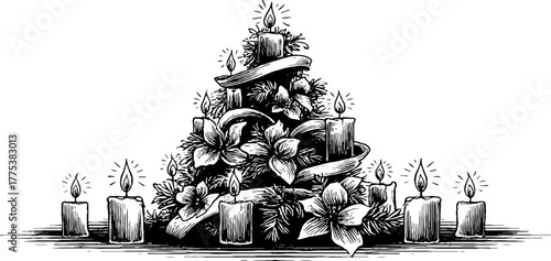 Vintage christmas tree with candles and ribbons design for holiday decor