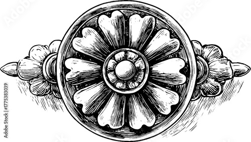 Vintage circular ornament with radial floral pattern engraving for design and decor