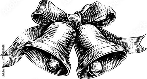 Vintage christmas bells with ribbon in engraving style for holiday design
