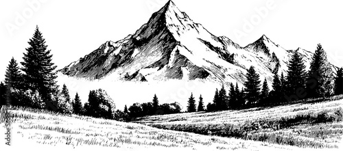 Mountain landscape with trees and crosshatch texture design for artistic print
