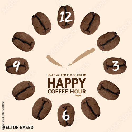 Coffee beans clock. Coffee break or coffee time vector banner.