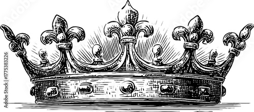 Vintage crown emblem with rays in engraving style for royal design