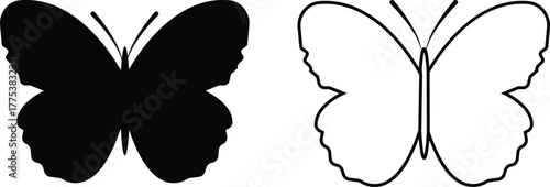 Butterfly icons set, insect collection, black silhouette and outline group, flat and line style vector illustration, flying moth design, decorative butterfly symbol graphic element.