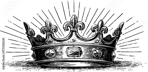 Vintage crown emblem with radiating rays in engraving style for retro design