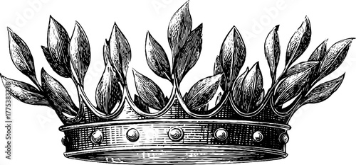 Vintage crown with laurel wreath in engraving style for classic design and decoration