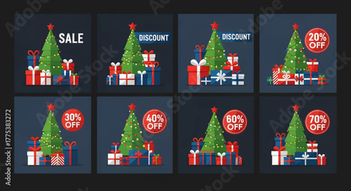 Christmas sale and discount banners with decorated tree and gift boxes, offering various percentage off promotions