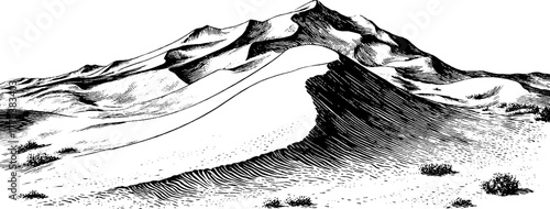 Vintage desert dunes with wind lines in engraving style for retro design