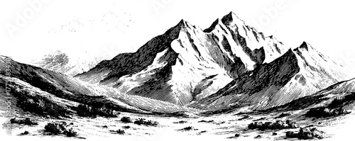 Vintage mountain landscape with diagonal hatch engraving pattern in retro style