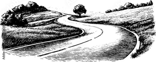 Vintage engraved landscape with diagonal hatch pattern for retro design and cards