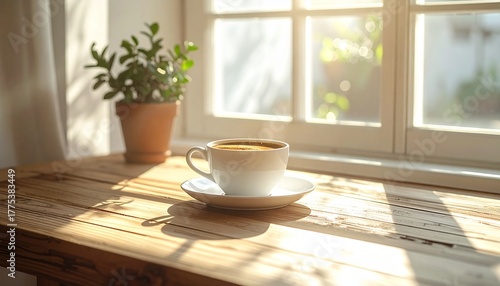 Wallpaper Mural Cozy morning scene featuring a hot cup of coffee on a rustic wooden table by a window with bright sunlight streaming in Torontodigital.ca