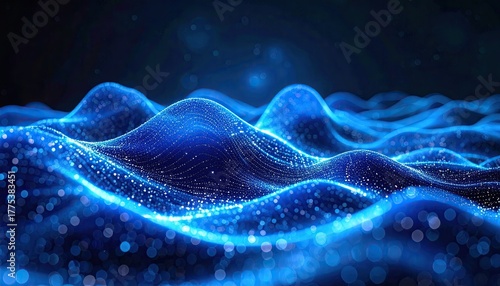 Fototapeta Naklejka Na Ścianę i Meble -  Abstract glowing blue digital wave pattern with sparkling lights and bokeh effect creating a futuristic technological background with depth and motion