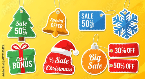 Collection of christmas sale tags and labels with discount offers like 50 off and 30 off, plus bonus gift and special offer tags