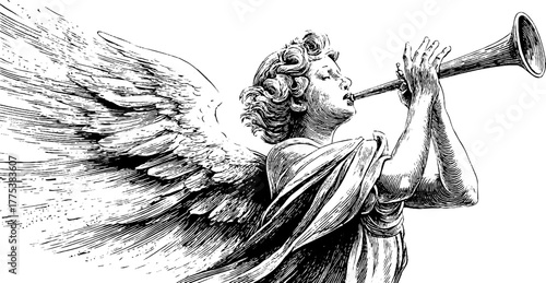 Vintage engraving of air spirit blowing wind through trumpet for retro design