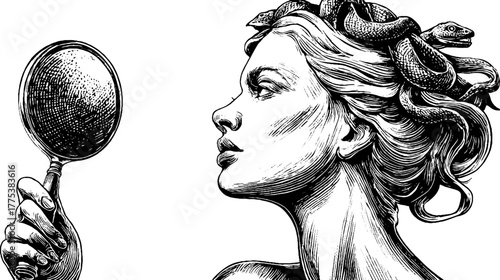 Allegorical illustration of prudence with serpent in hand-drawn vintage style for design