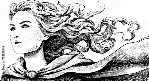 Engraved allegorical figure of the wind with flowing hair and cloak for design and decor